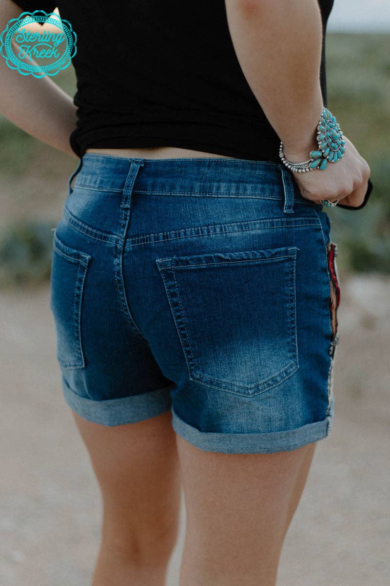 Patched Up Denim Shorts-In Red Aztec And Leopard Print