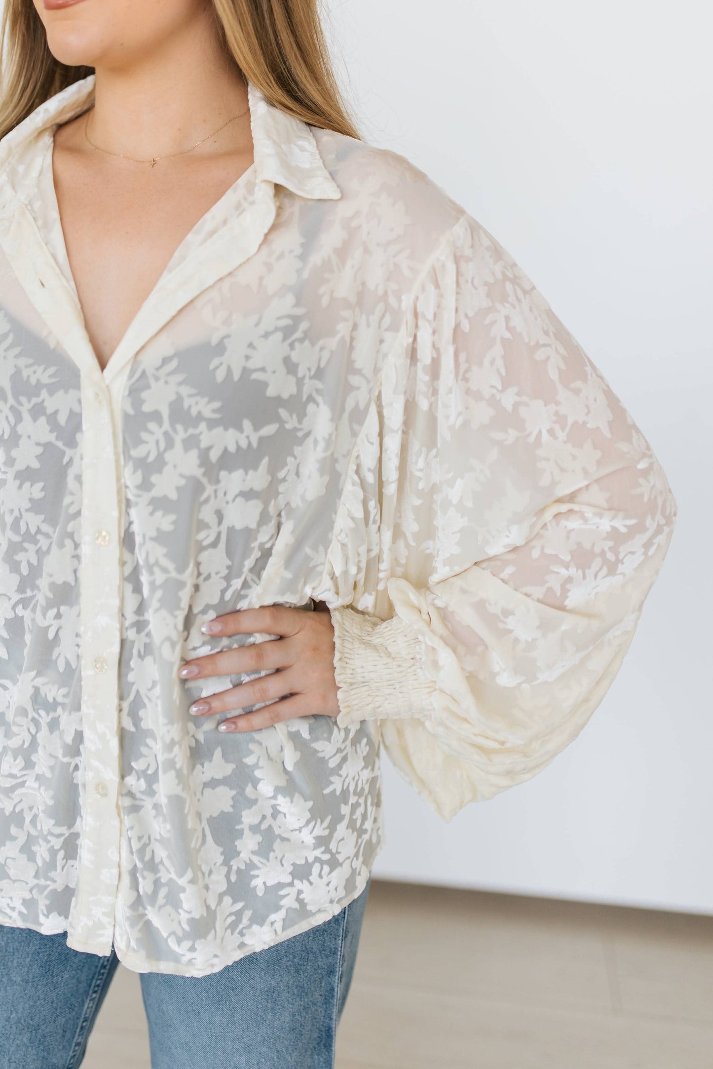 Ivory Burnout Velvet Mesh Balloon Sleeve Button Up Blouse