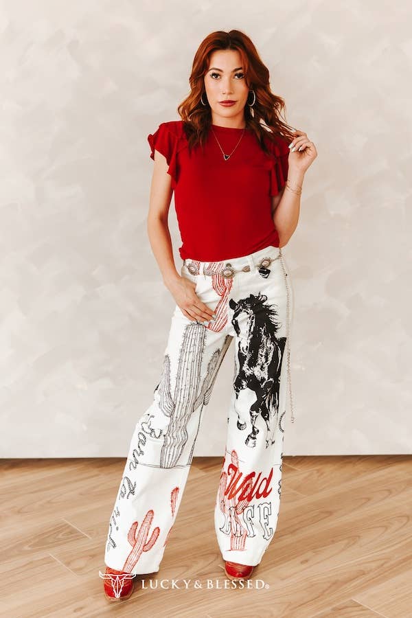 Ivory Western Cactus And Horse Printed High Rise Wide Leg Jeans