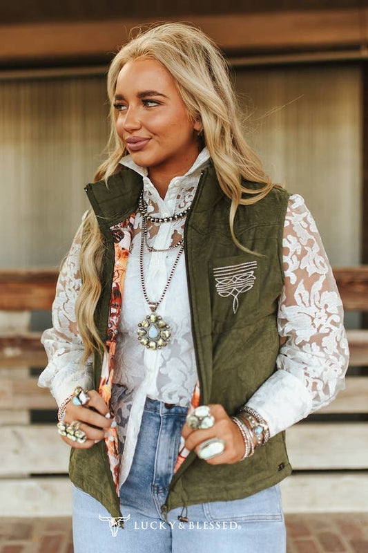 Olive Green Puffer Vest With Aztec Lining And Boot Stitch Detail