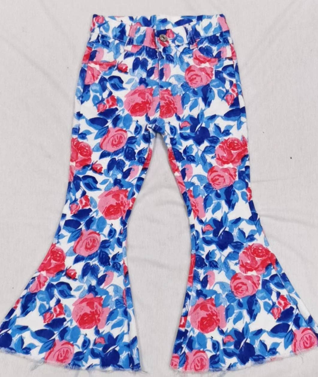 Girls Blue and Pink Floral Bell Flare Denim jeans