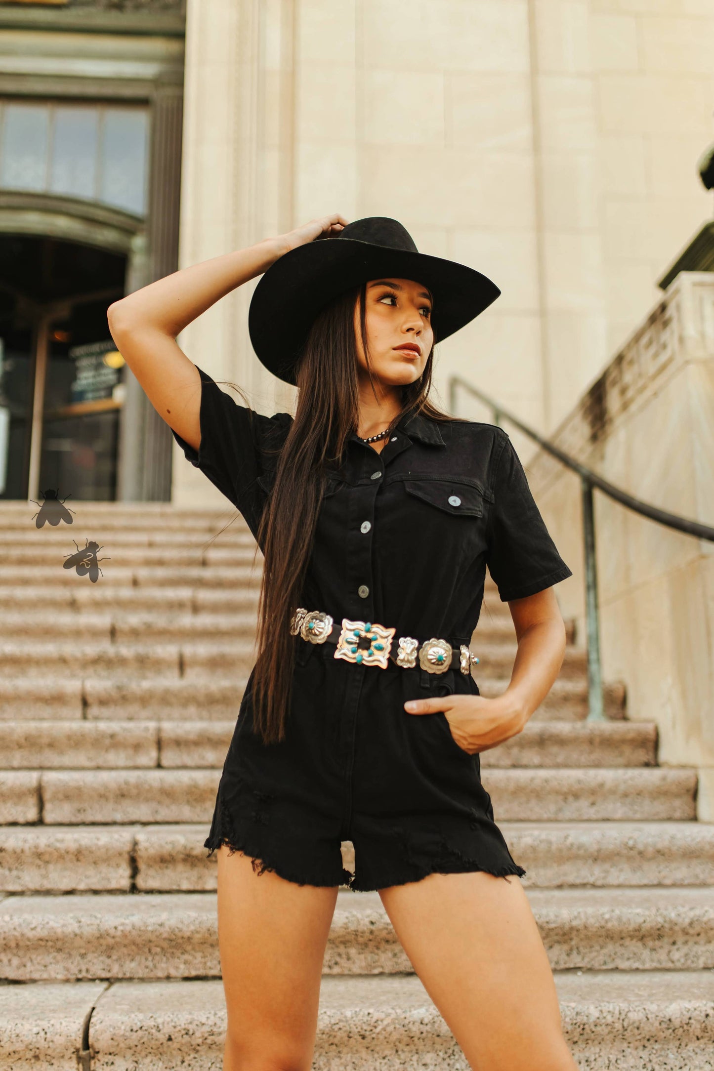 Black Denim Reckless Romper in Midnight