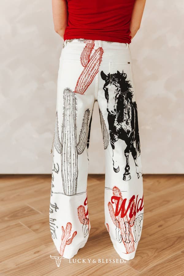 Ivory Western Cactus And Horse Printed High Rise Wide Leg Jeans