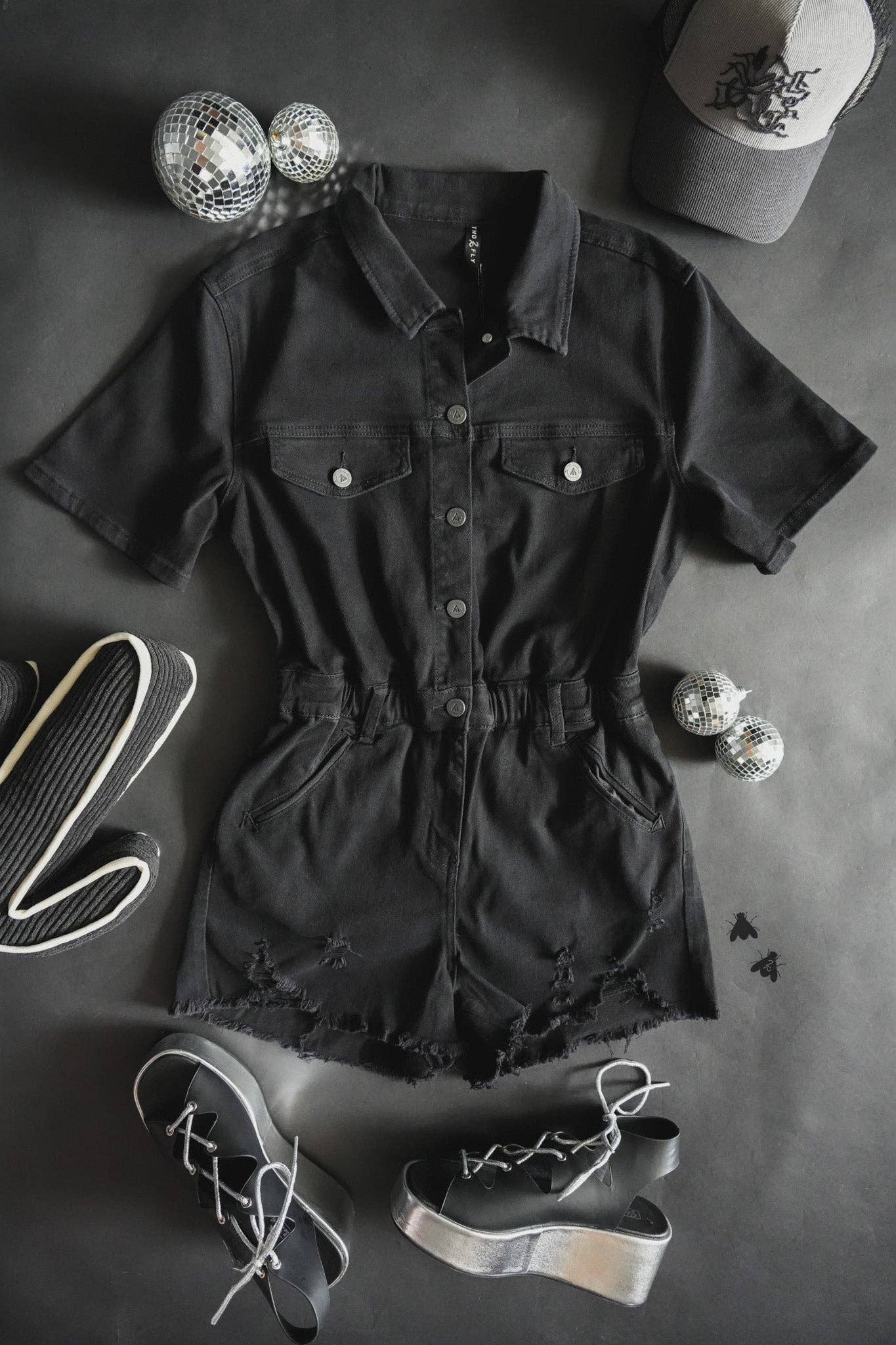 Black Denim Reckless Romper in Midnight