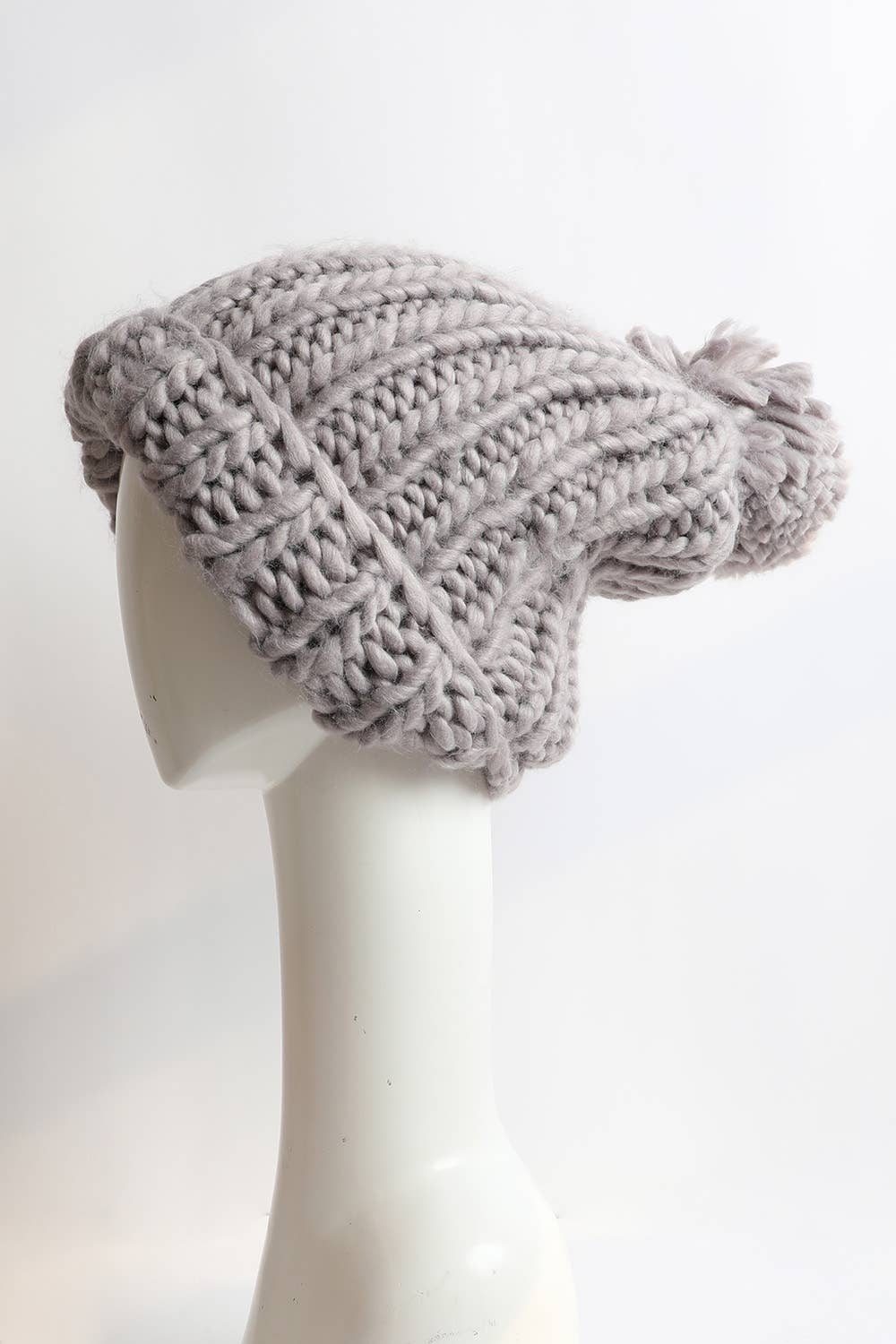 Grey Soft Chunky Cable Knit Beanie - With Pom Pom