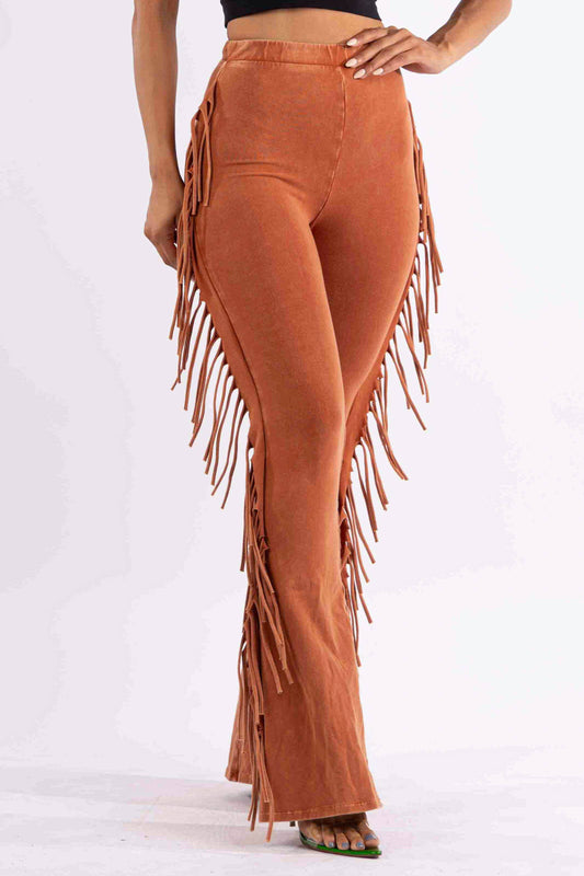 Burnt orange flared leggings with side fringe