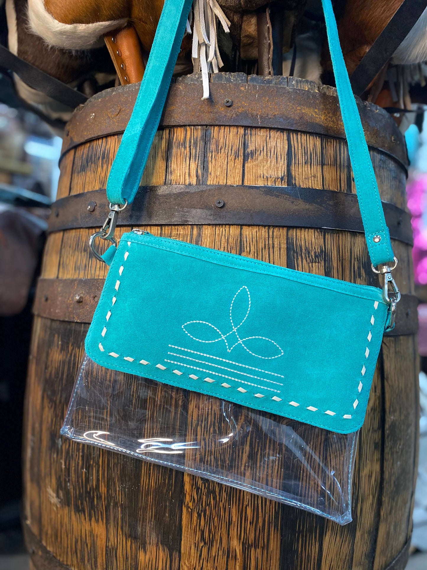 Clear Turquoise Suede Leather Boot Stitch Crossbody Bag