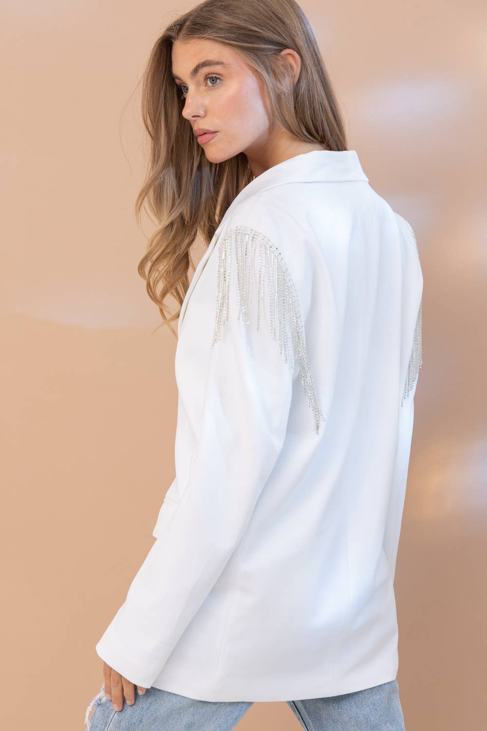 White Western Stretch Boyfriend Rhinestone Fringe Shoulder Blazer