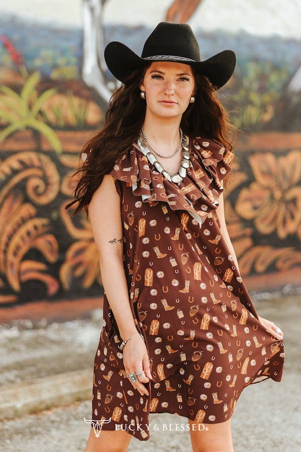 Brown Pocket Dress Double Ruffle CrissCross Back Detail