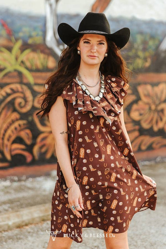 Brown Pocket Dress Double Ruffle CrissCross Back Detail