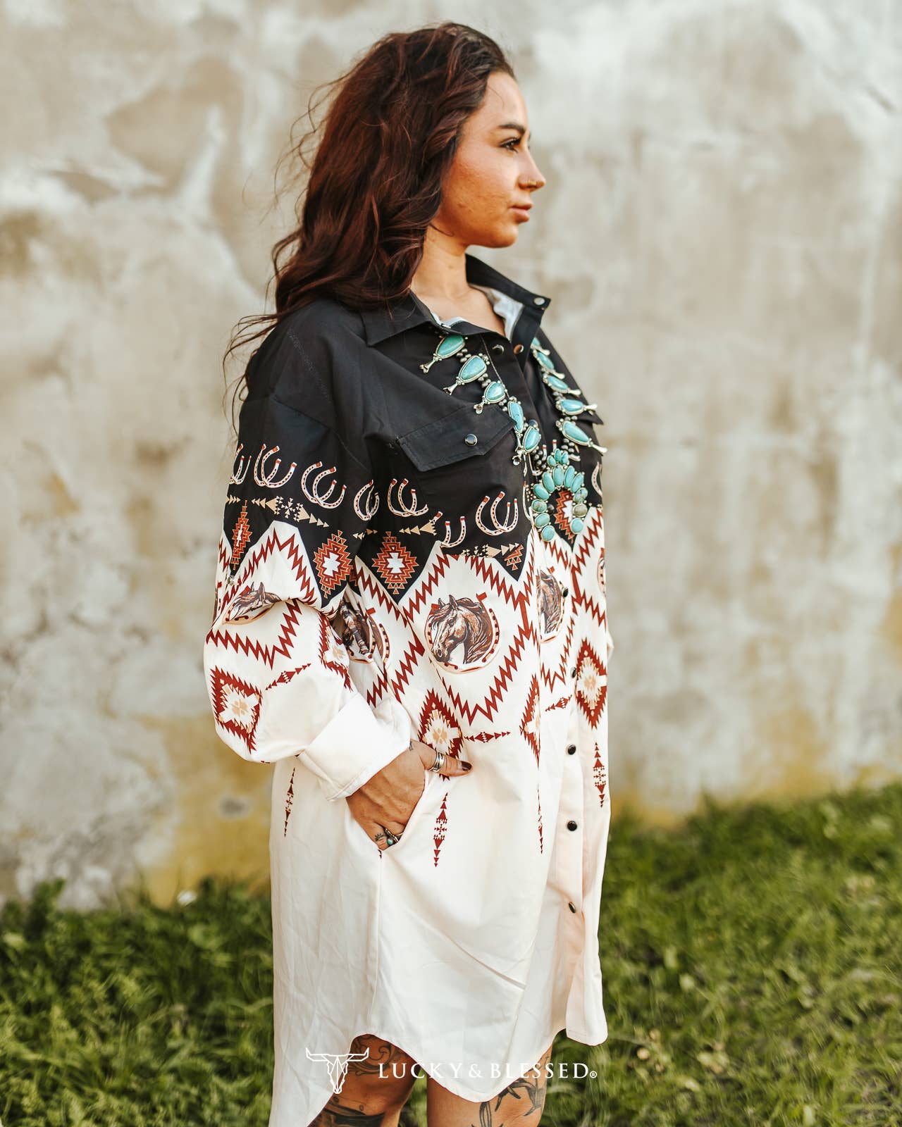 LUCKY & BLESSED - Black Ombre Horse Aztec Button Down Collared Dress.