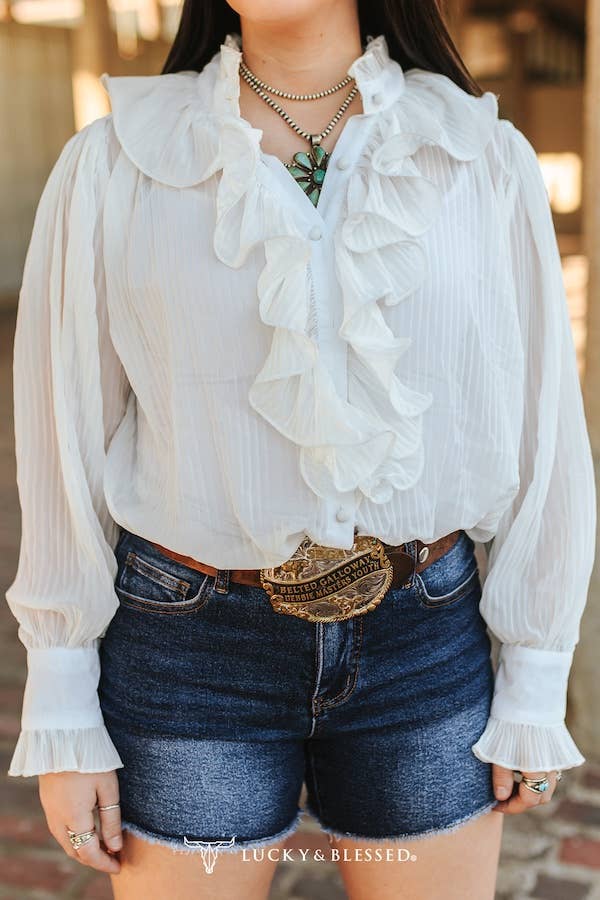 White Blouse With Sheer long Sleeve Ruffle Front