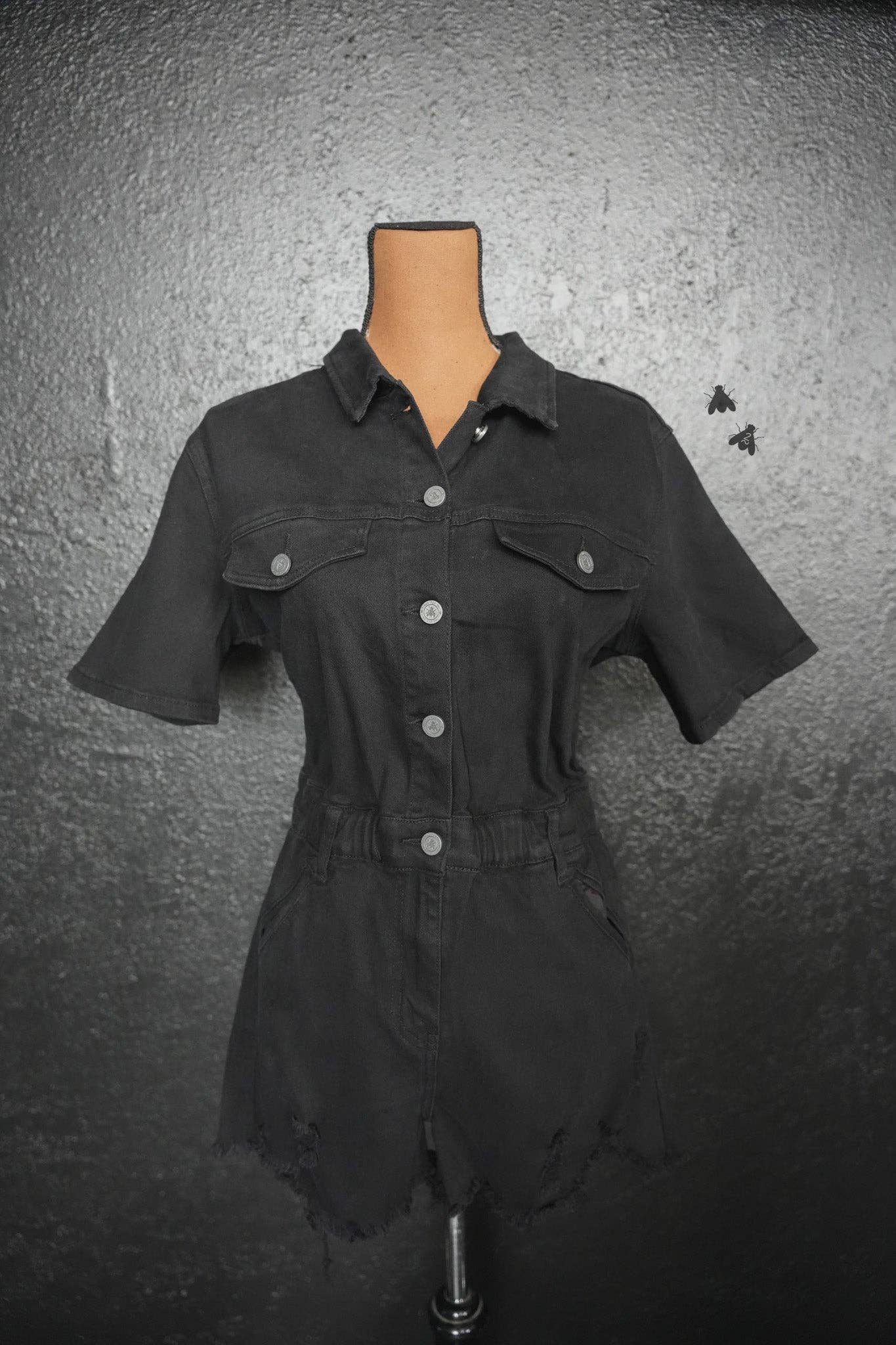 Black Denim Reckless Romper in Midnight