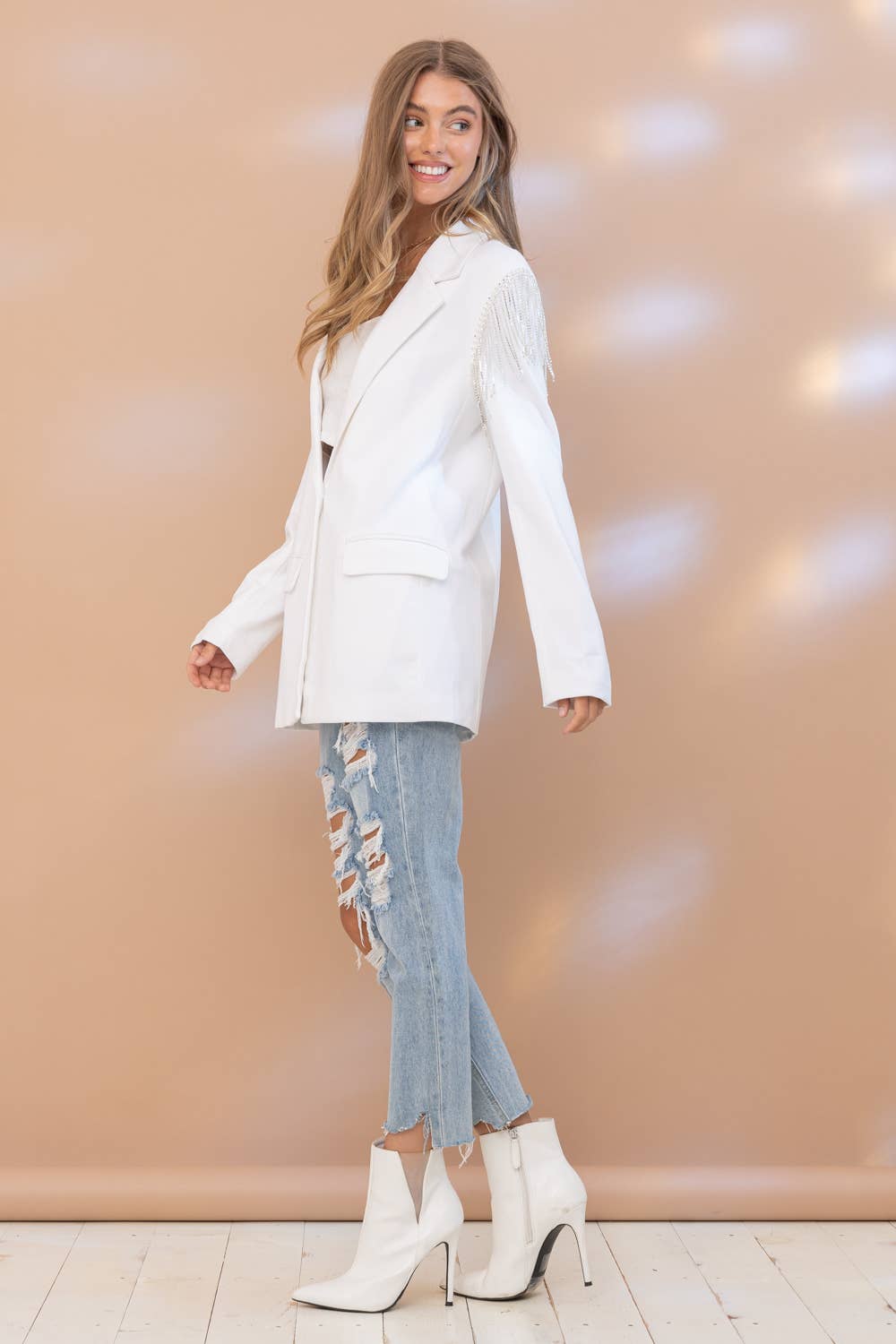 White Western Stretch Boyfriend Rhinestone Fringe Shoulder Blazer