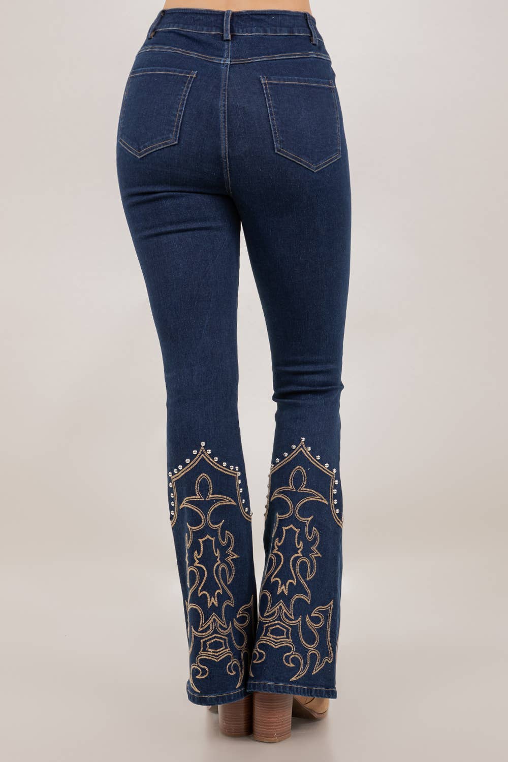 DARK BLUE  WESTERN  DENIUM JEANS WITH EMROIDERED BOOT STITCH AND STUD DETAIL