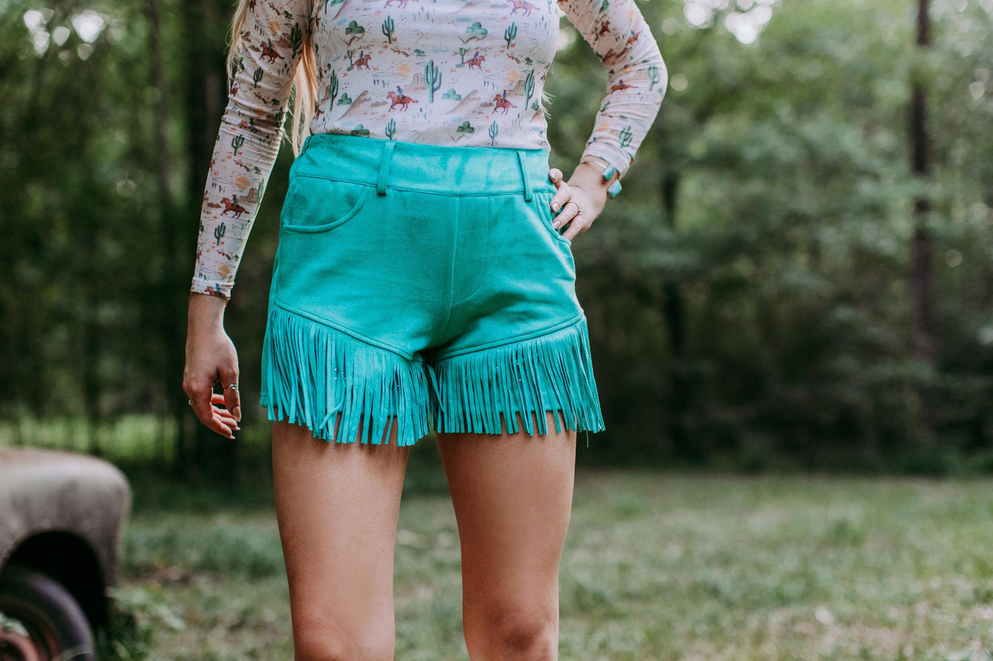 Turquoise Western Fringe Shorts With Rhinestones