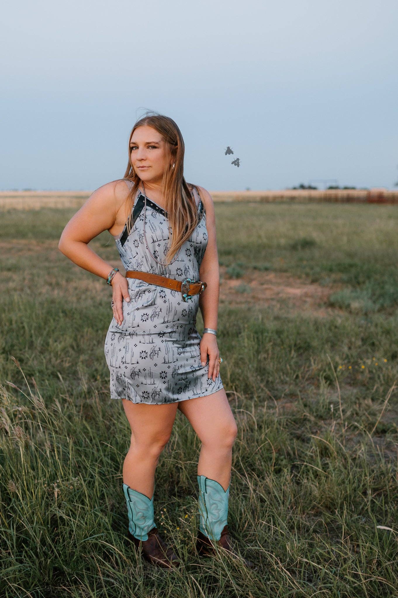 Western print slip dress with leather trim