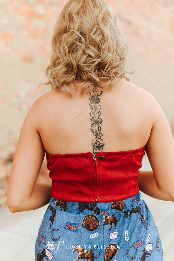 Red Ivory Contrast Boot-Stitch Fabric Halter Top