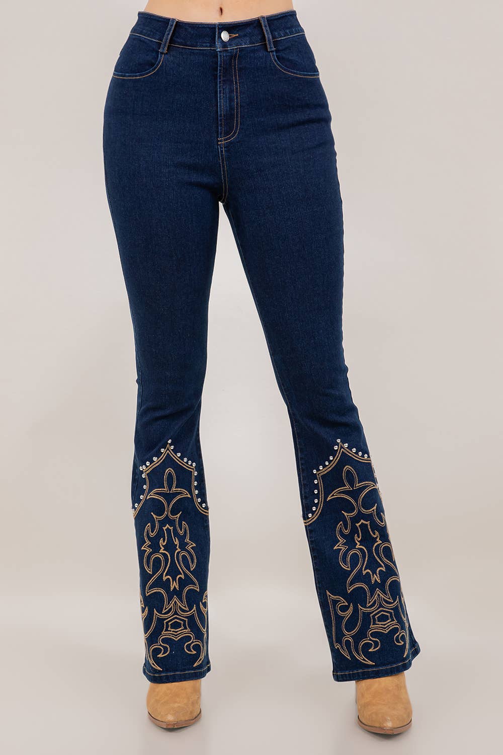 DARK BLUE  WESTERN  DENIUM JEANS WITH EMROIDERED BOOT STITCH AND STUD DETAIL