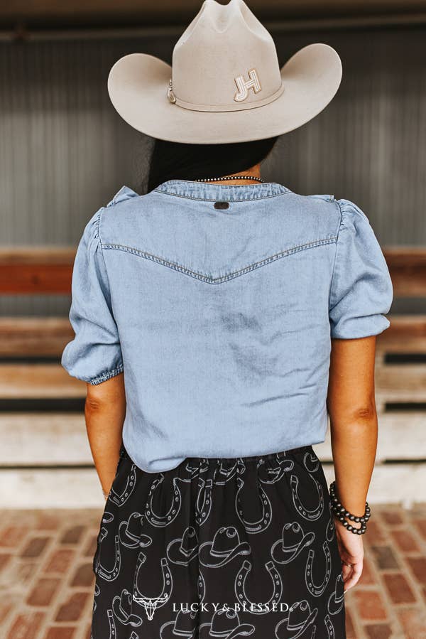 Light Wash Button Down Short Sleeve Light Denim Ruffle Top