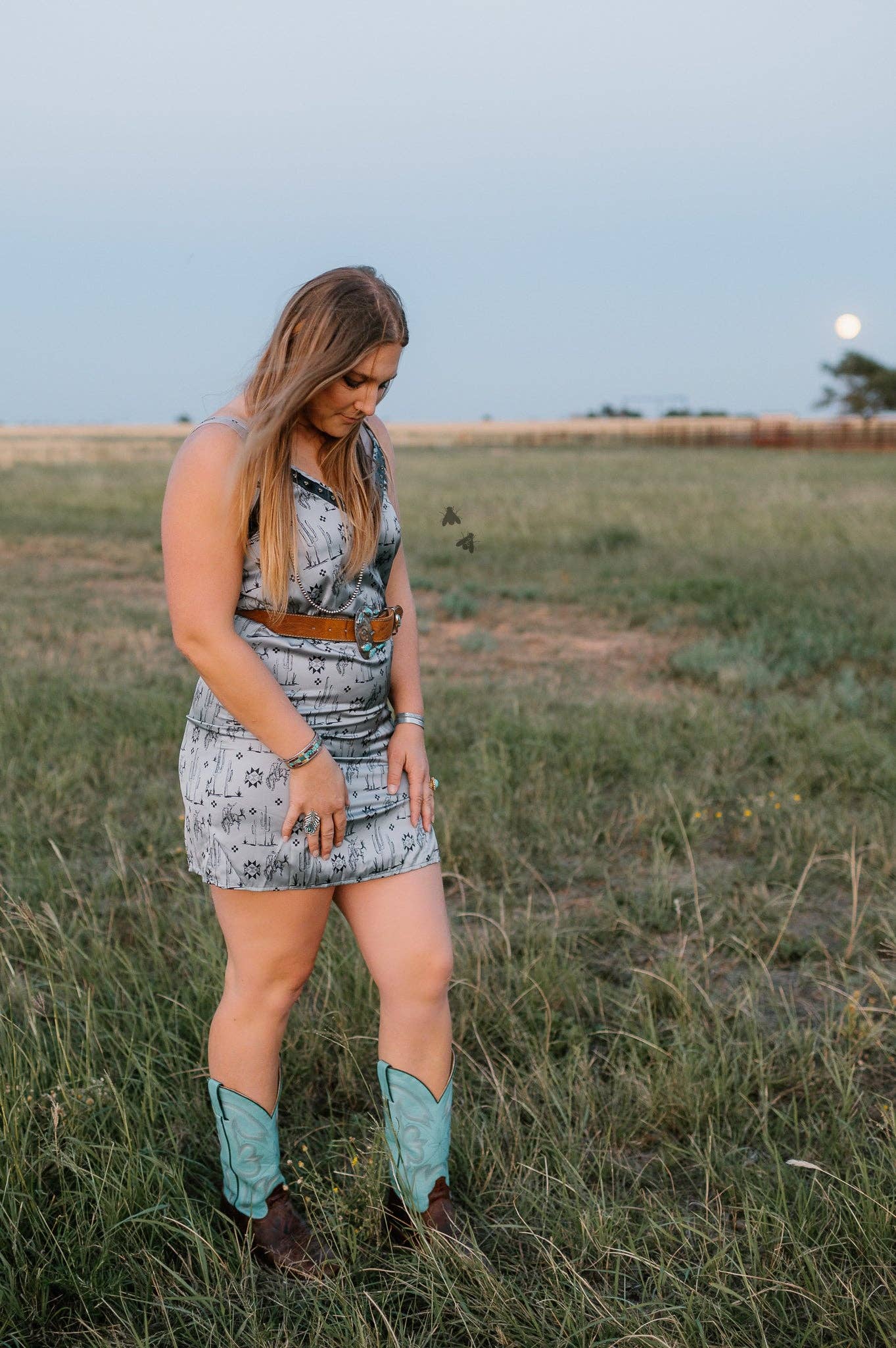 Western print slip dress with leather trim