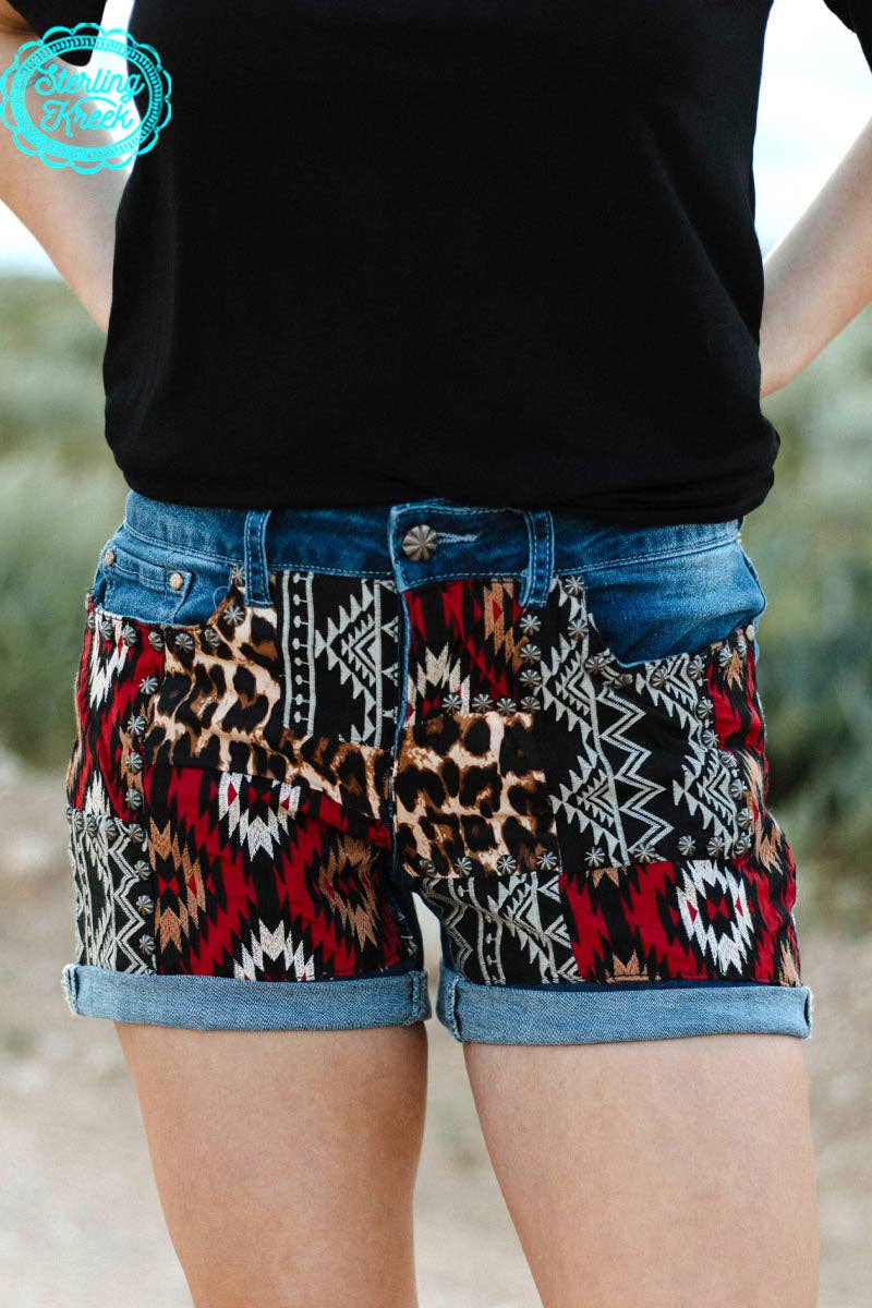 Patched Up Denim Shorts-In Red Aztec And Leopard Print