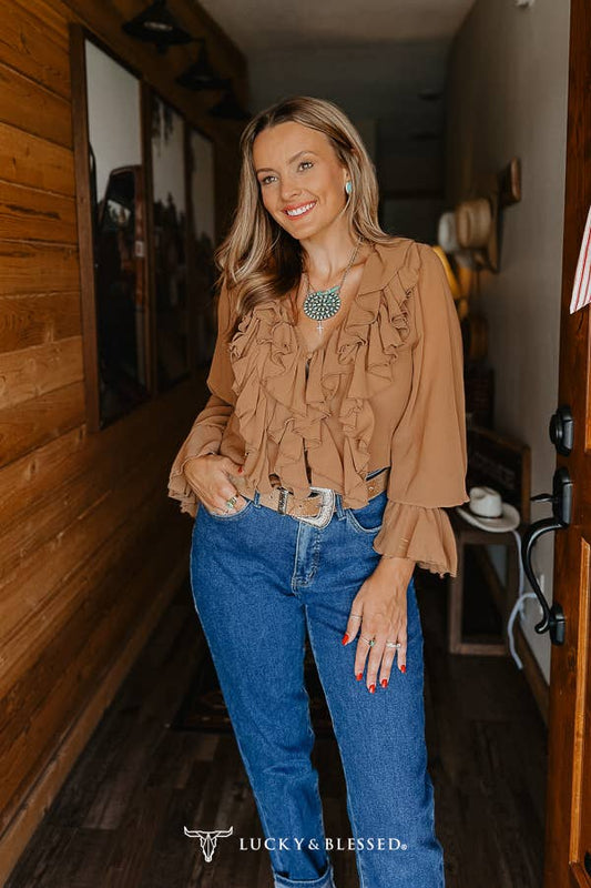 Brown Pleated Ruffle Vintage Style Western Top