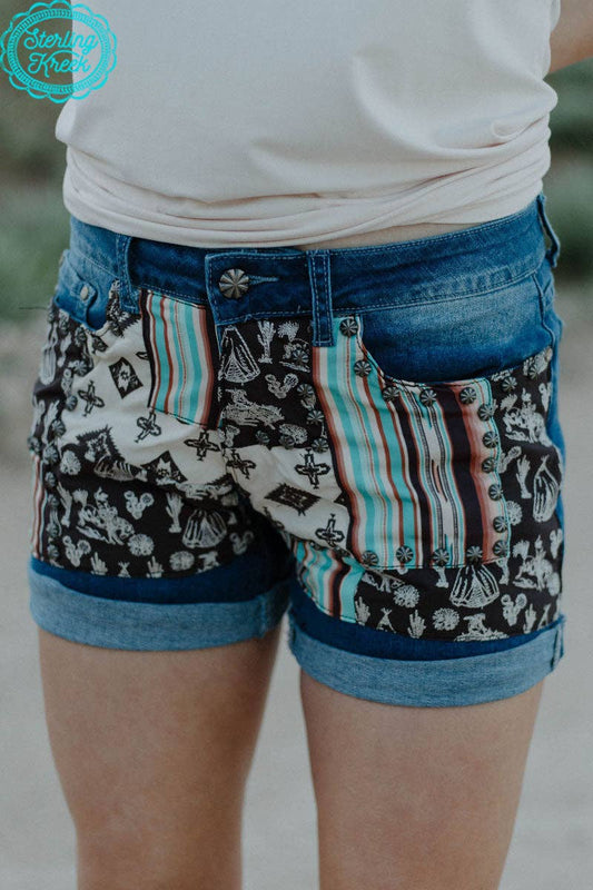 Patched Up Denim Shorts -In Western Turquoise Serape