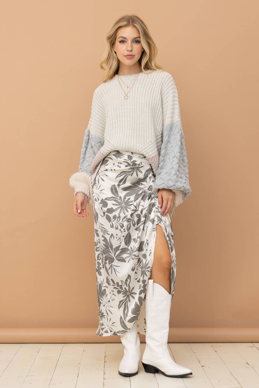 Grey and White Satin Drape Pleated Skirt