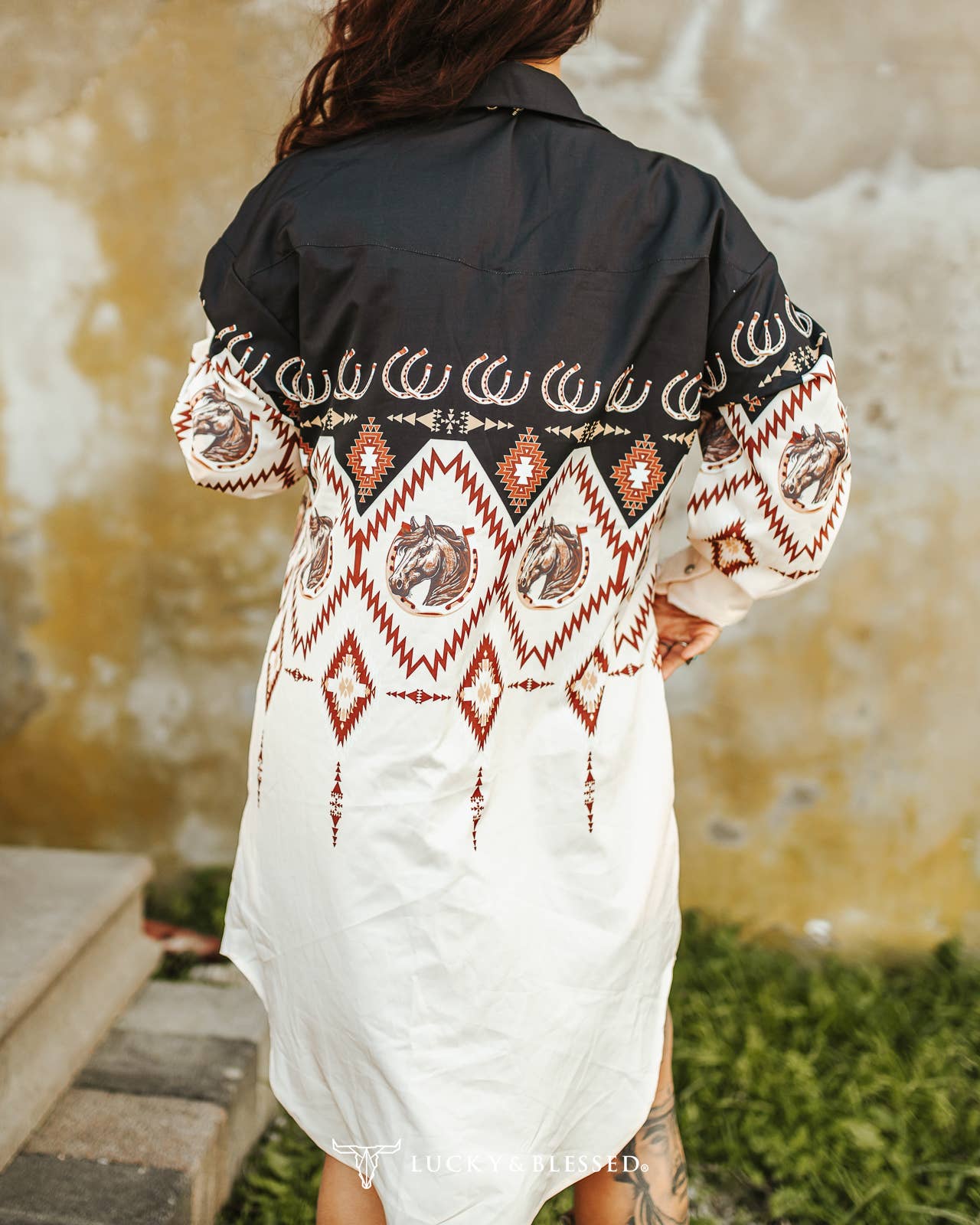 LUCKY & BLESSED - Black Ombre Horse Aztec Button Down Collared Dress.