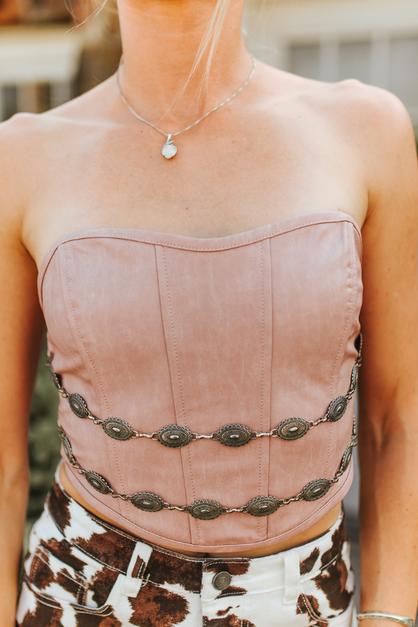 Pink Corset Top W Concho Chain Detail on Faux Leather