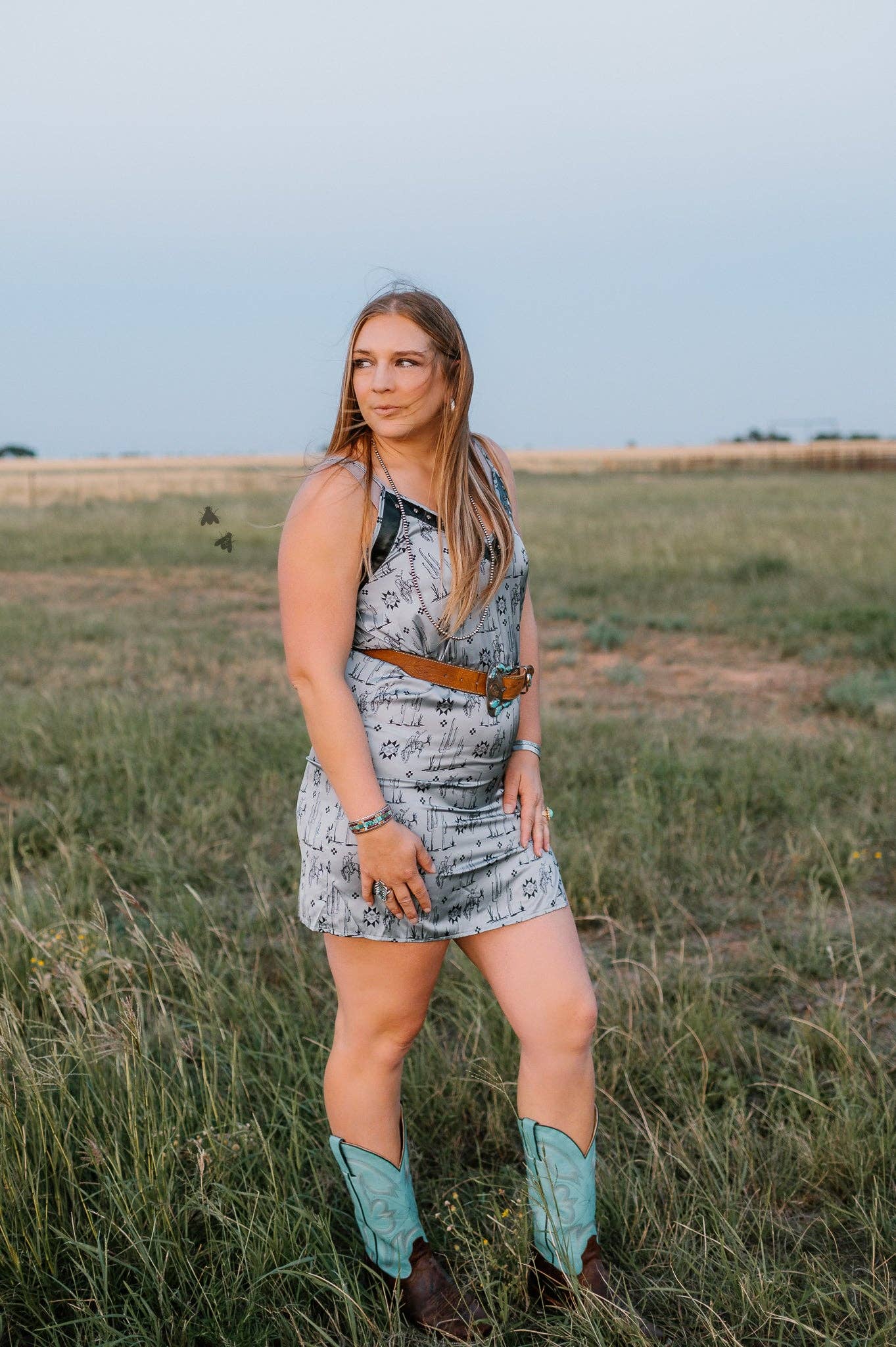 Western print slip dress with leather trim