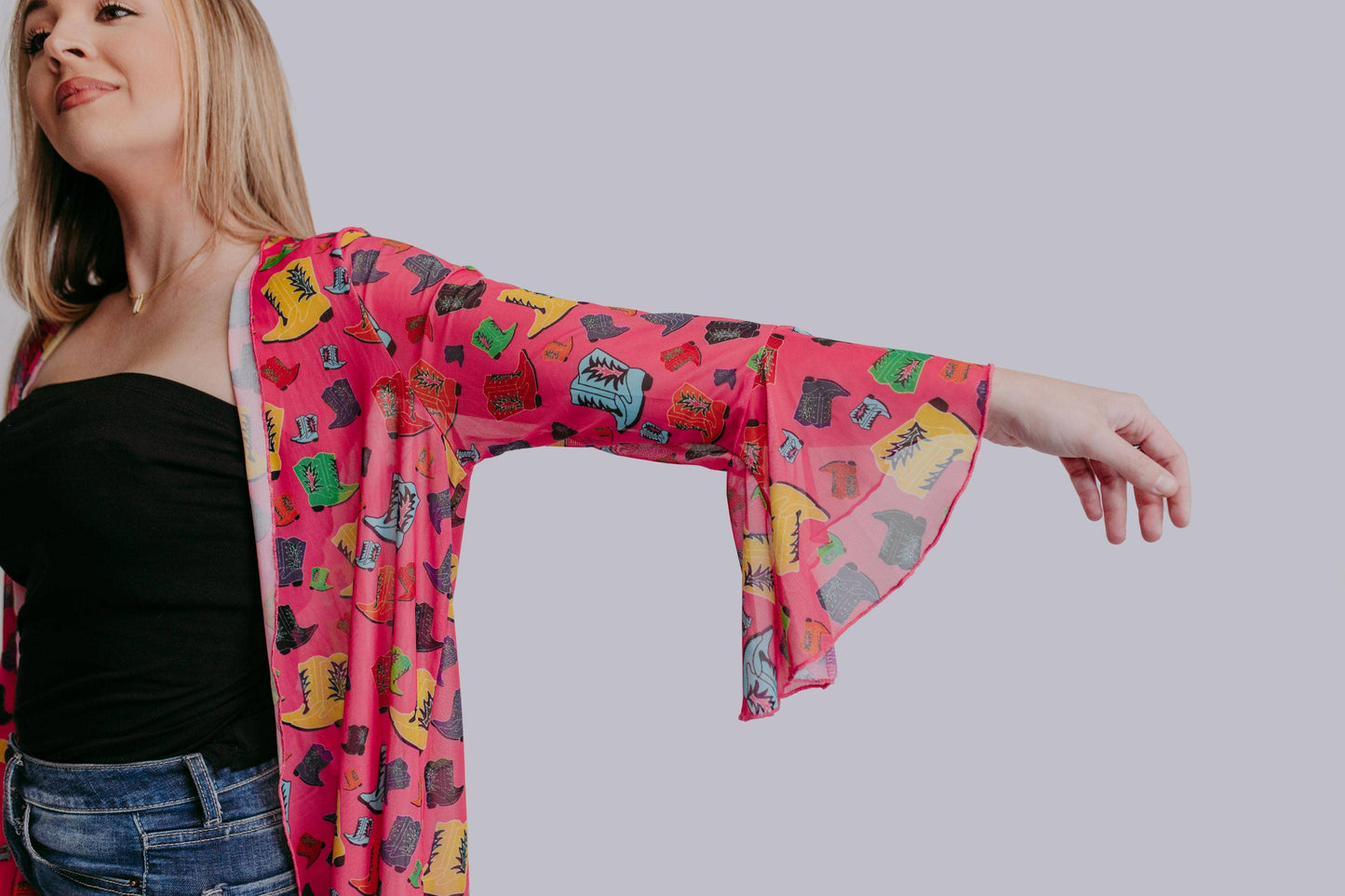 Rollin with the Flow Mesh Kimono Duster- Hot Pink/Cowgirl