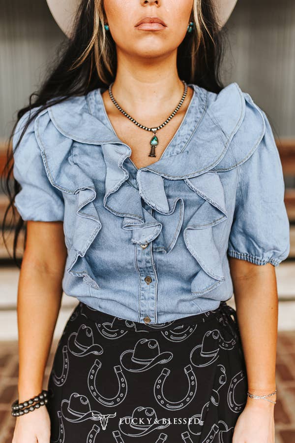 Light Wash Button Down Short Sleeve Light Denim Ruffle Top
