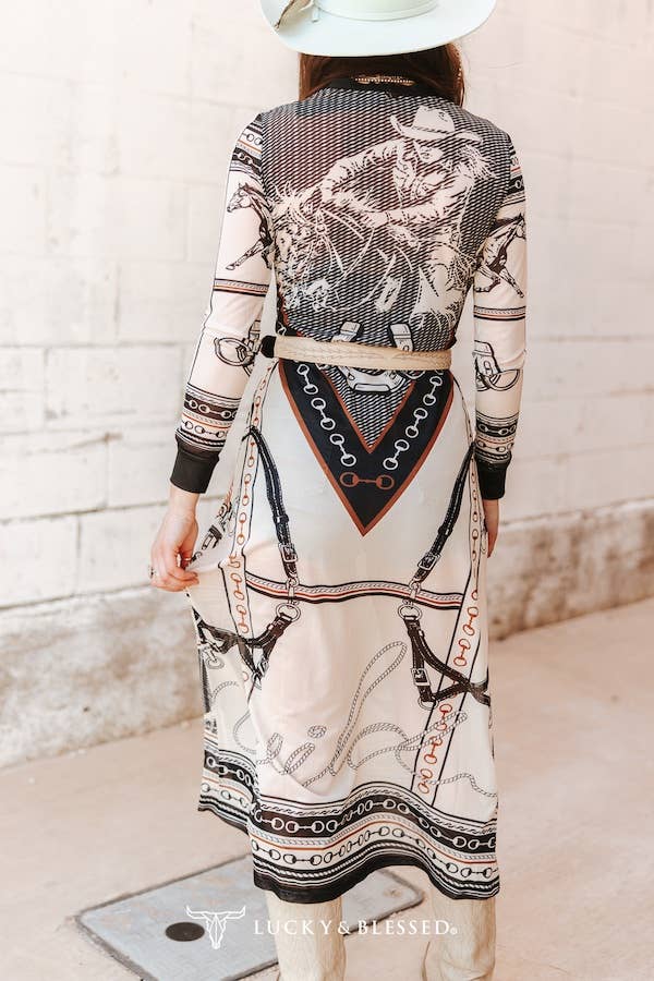 Ivory Cowboy Printed Mesh Button Down Maxi Duster Dress/Cardigan