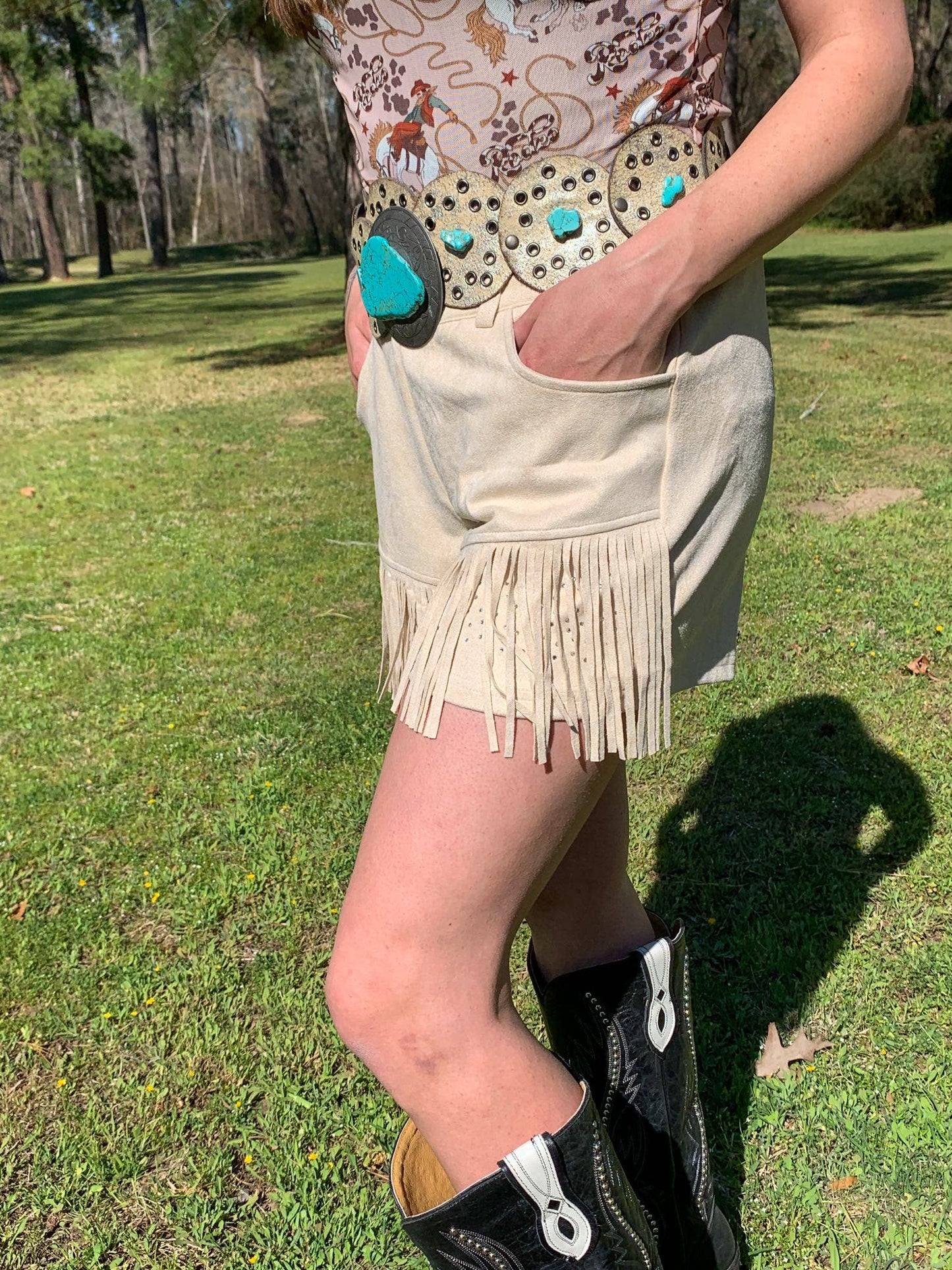 Western Suede Fringe Shorts with Sparkle Detail - Cream