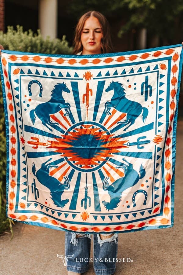 Teal, Orange And Ivory Horse Aztec Printed Wild Rag Bandana Scarf