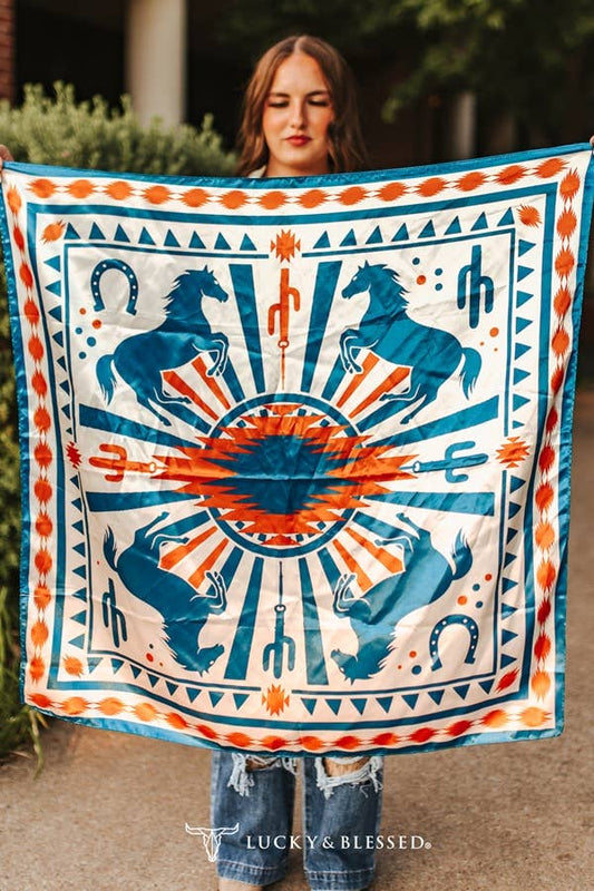 Teal, Orange And Ivory Horse Aztec Printed Wild Rag Bandana Scarf