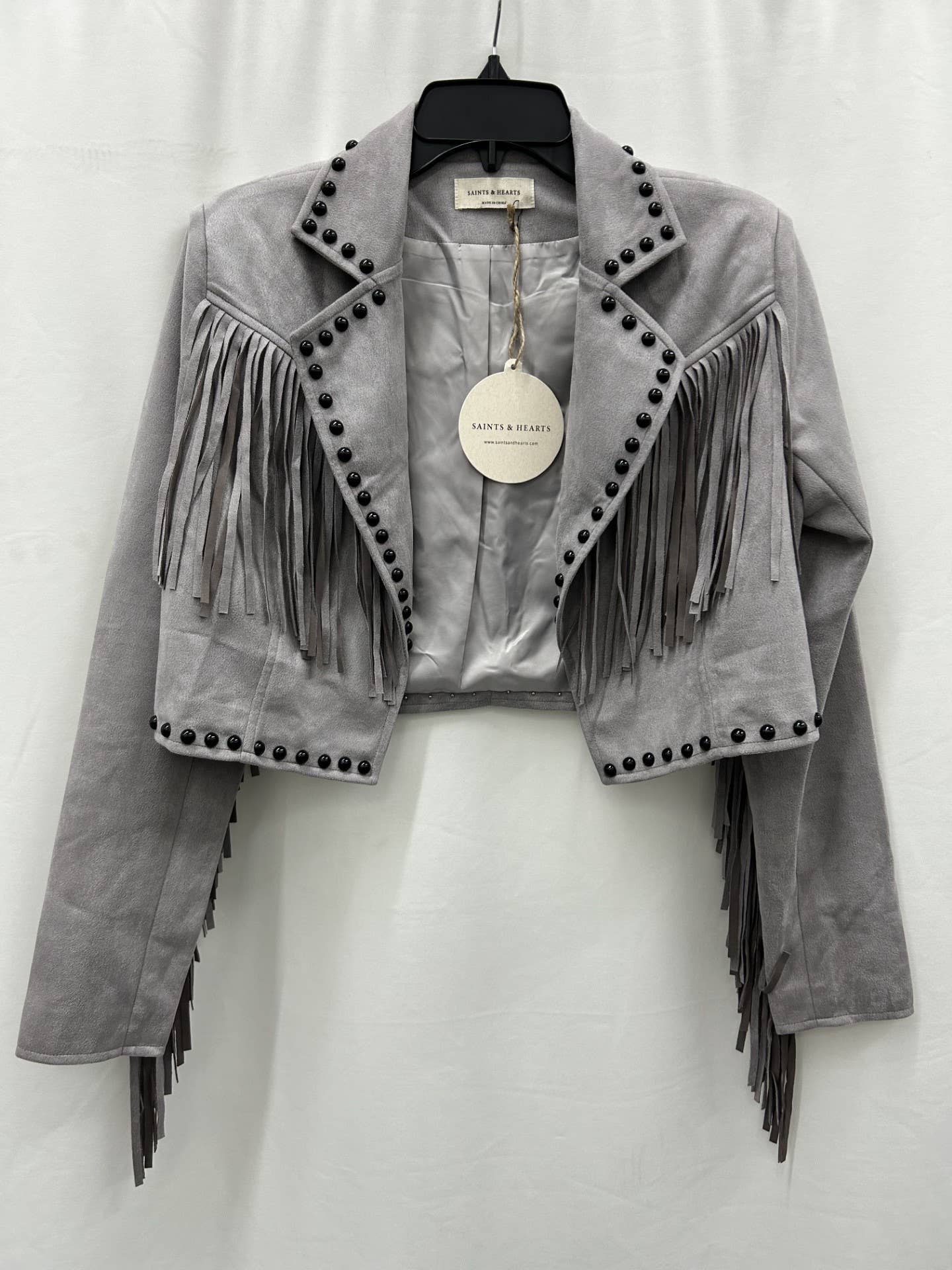 Grey Suede Fringe Studded Jacket