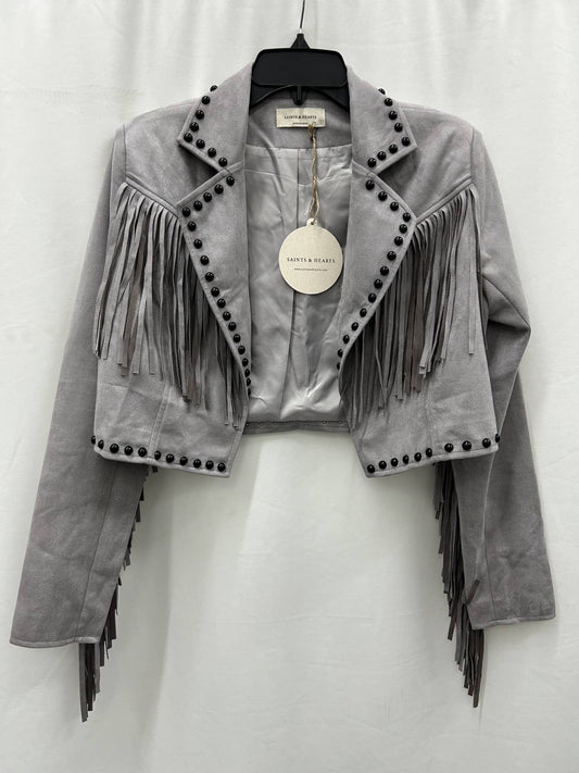 Grey Suede Fringe Studded Jacket
