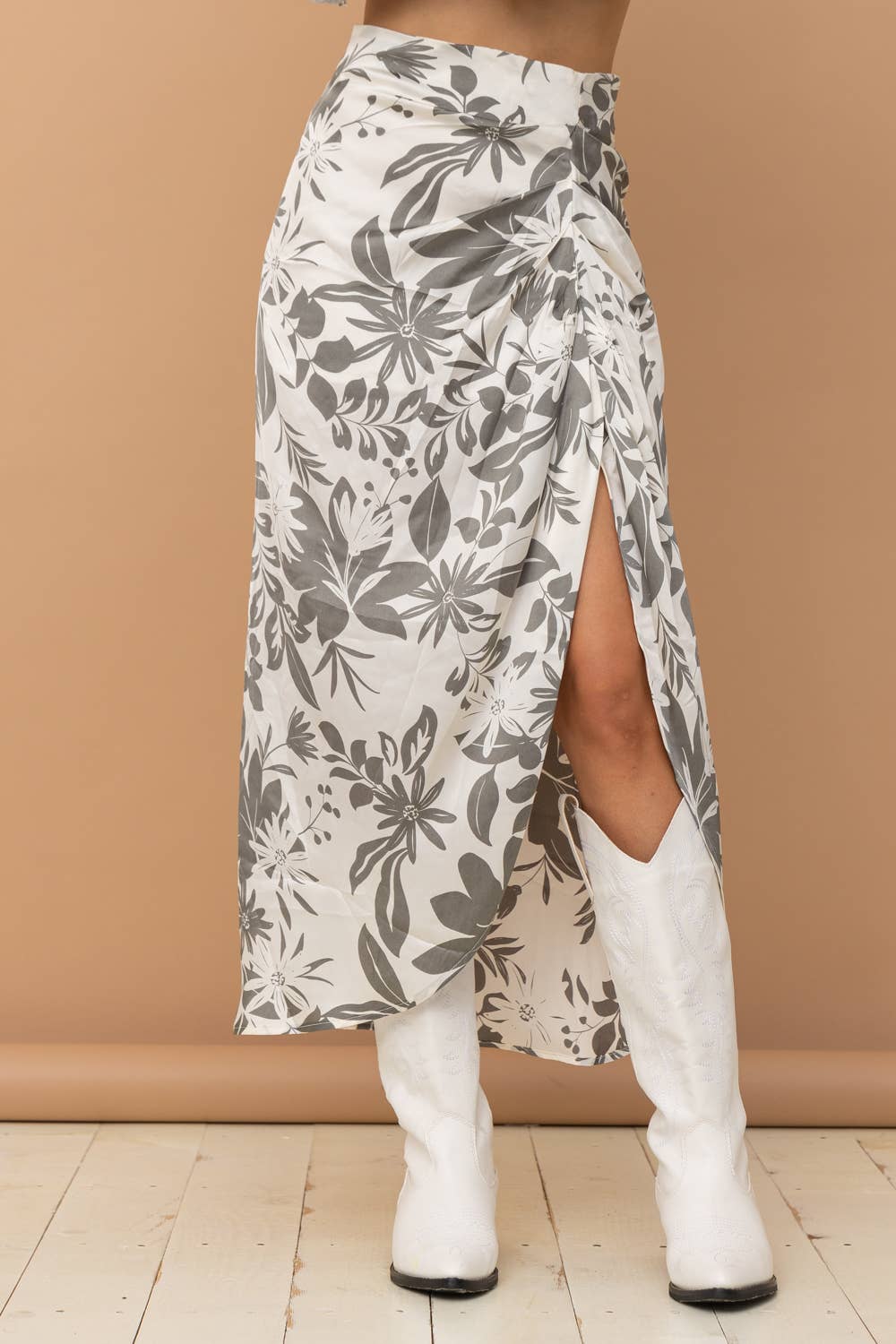 Grey and White Satin Drape Pleated Skirt