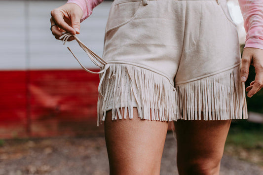 Western Suede Fringe Shorts with Sparkle Detail - Cream