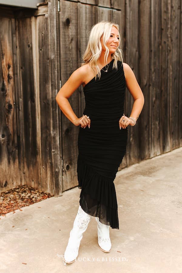 Black Dress With One Shoulder, Wrapped Rouching