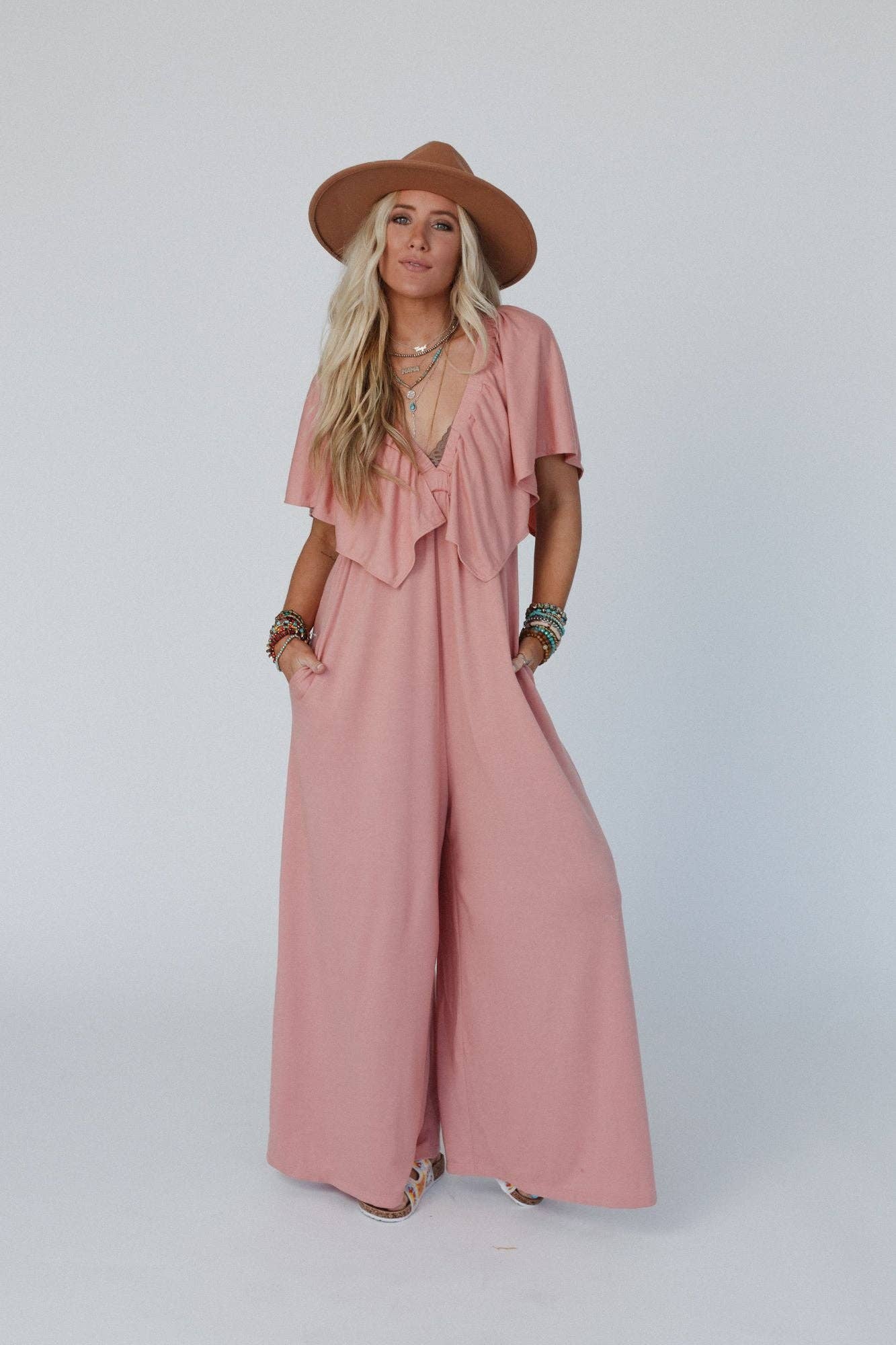 Open Back Ruffle Jumpsuit - Shadow Blush