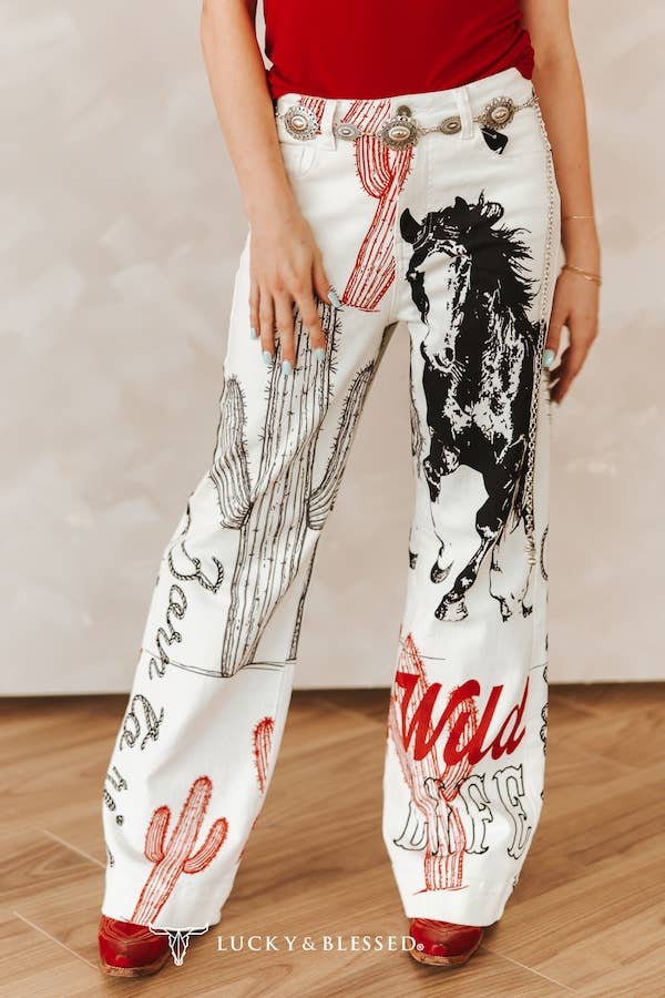 Ivory Western Cactus And Horse Printed High Rise Wide Leg Jeans