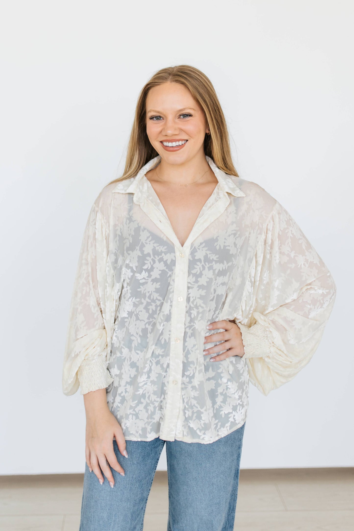 Ivory Burnout Velvet Mesh Balloon Sleeve Button Up Blouse