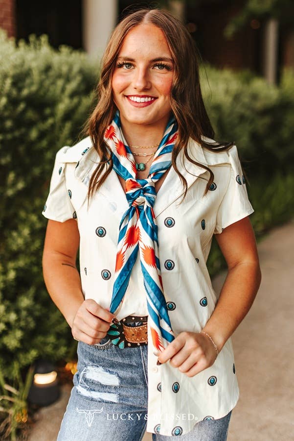 Teal, Orange And Ivory Horse Aztec Printed Wild Rag Bandana Scarf