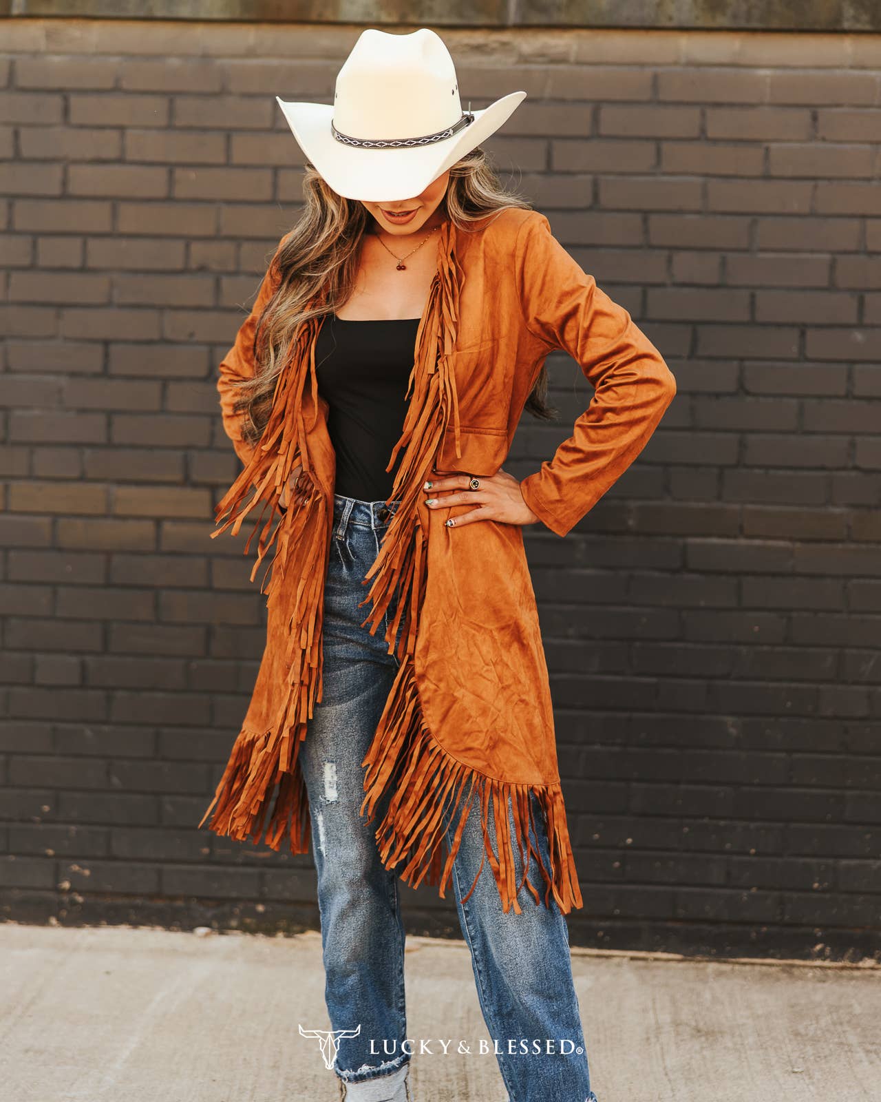 Camel Faux Suede Jacket Blazer With Fringed Hem
