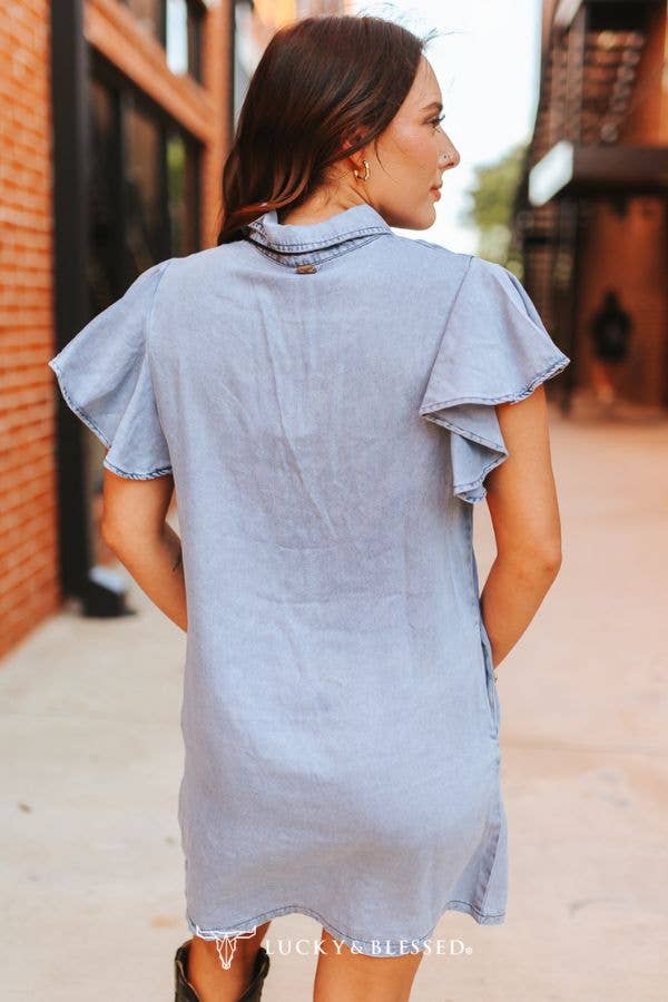 Light Wash Ruffle Stretch Denim Dress W Flutter Sleeves
