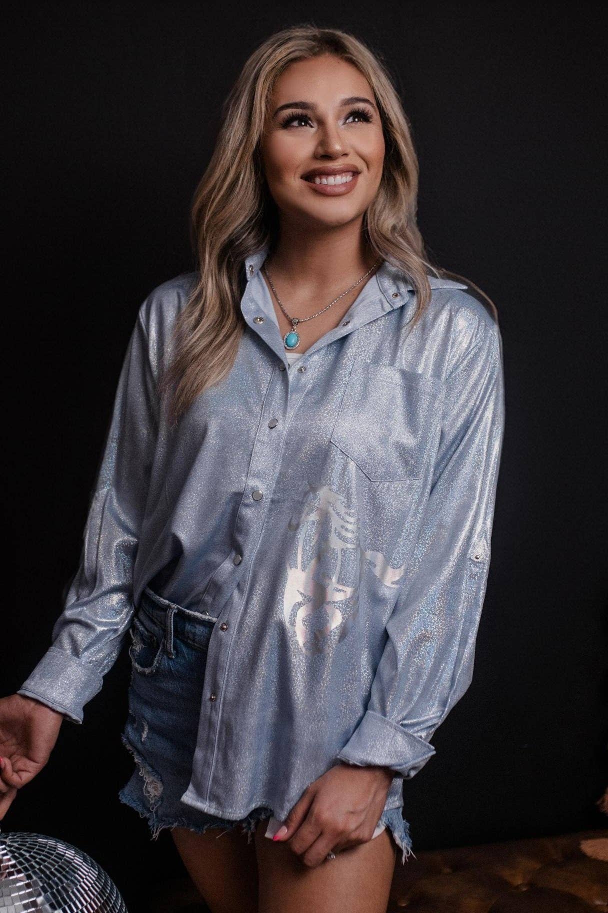 Wild Horses Pearl Snap Gold Foil Button Down Shirt